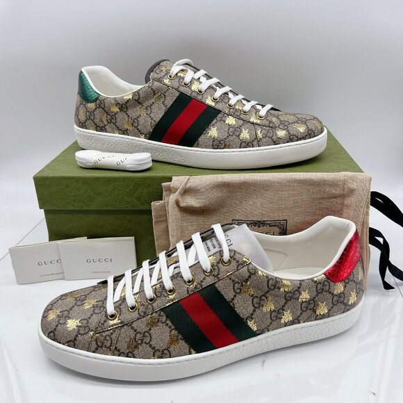Gucci Ace GG Supreme Logo Bees Sneaker Shoes Mens UK 13 US 13.5 -New Authentic - Picture 1 of 14